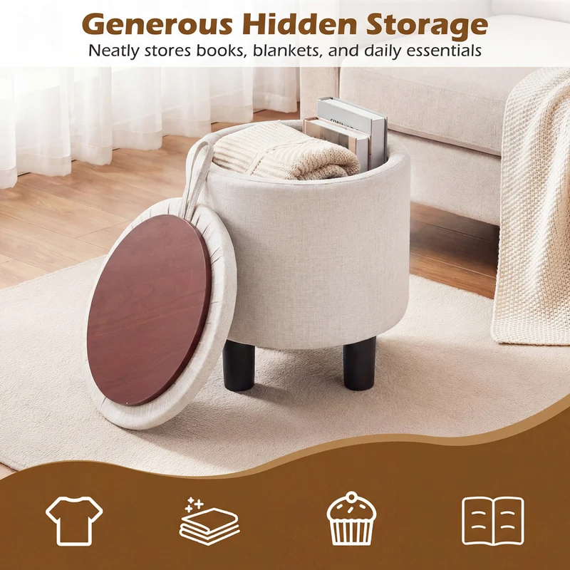 Round Storage Ottoman, Linen Fabric Upholstered Footrest Stool, Beige