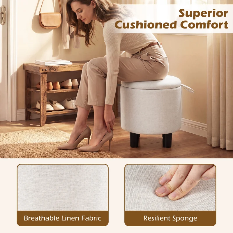 Round Storage Ottoman, Linen Fabric Upholstered Footrest Stool, Beige