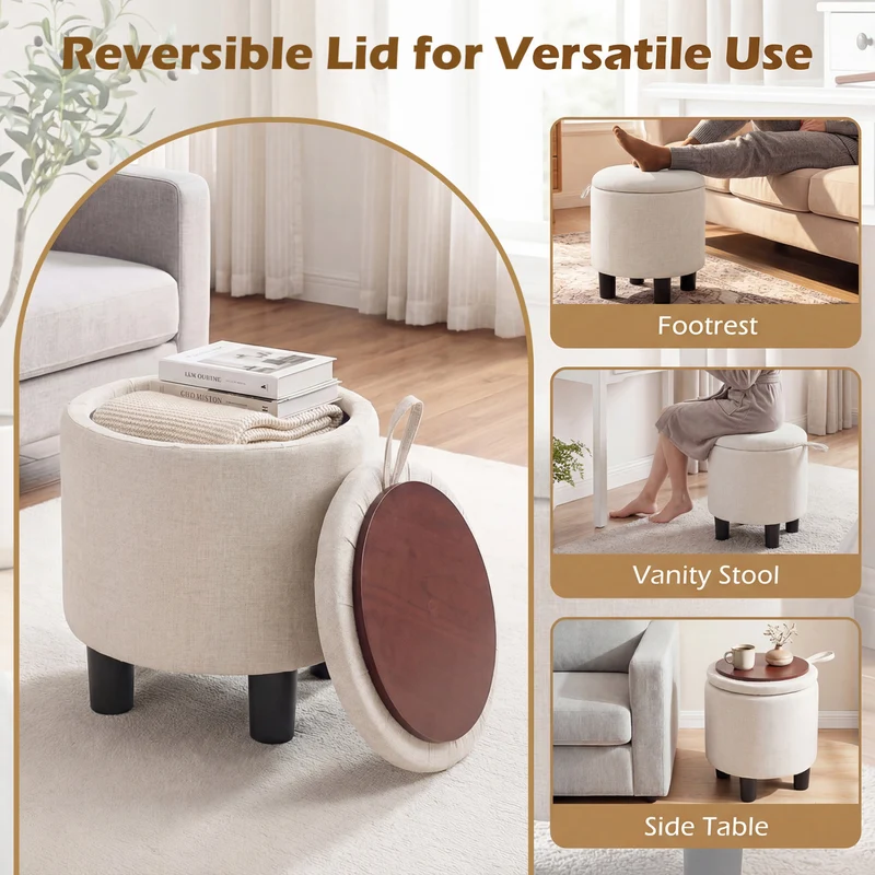 Round Storage Ottoman, Linen Fabric Upholstered Footrest Stool, Beige