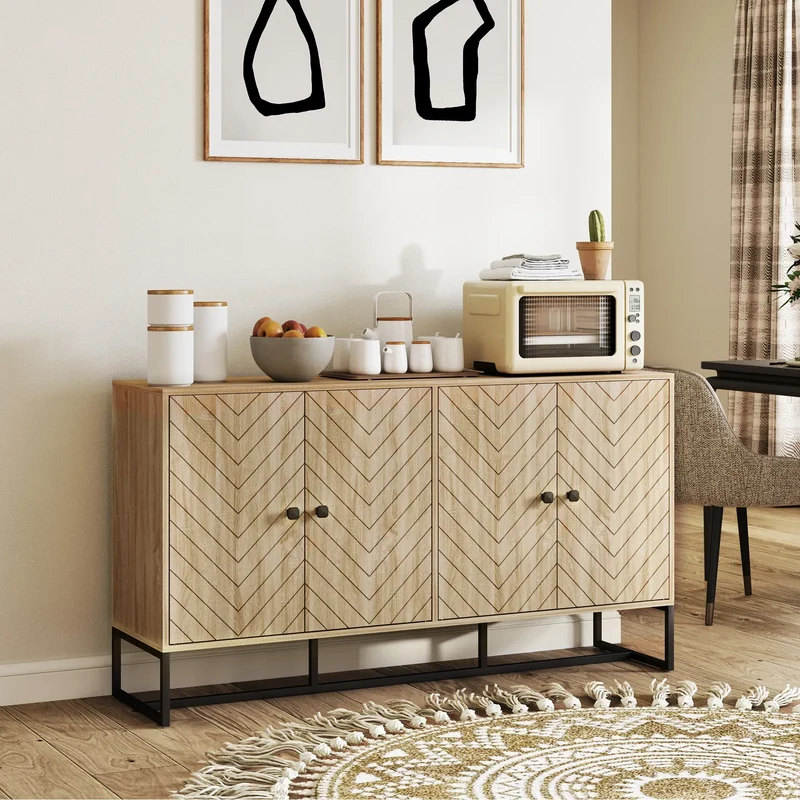 Sideboard Buffet Cabinet, 2 Adjustable Shelves, Steel Base, Oak
