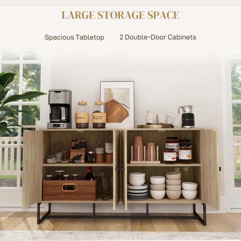 Sideboard Buffet Cabinet, 2 Adjustable Shelves, Steel Base, Oak