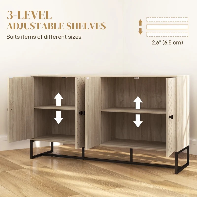 Sideboard Buffet Cabinet, 2 Adjustable Shelves, Steel Base, Oak