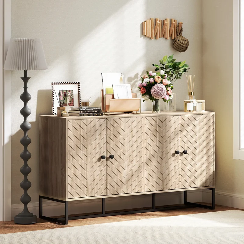 Sideboard Buffet Cabinet, 2 Adjustable Shelves, Steel Base, Oak