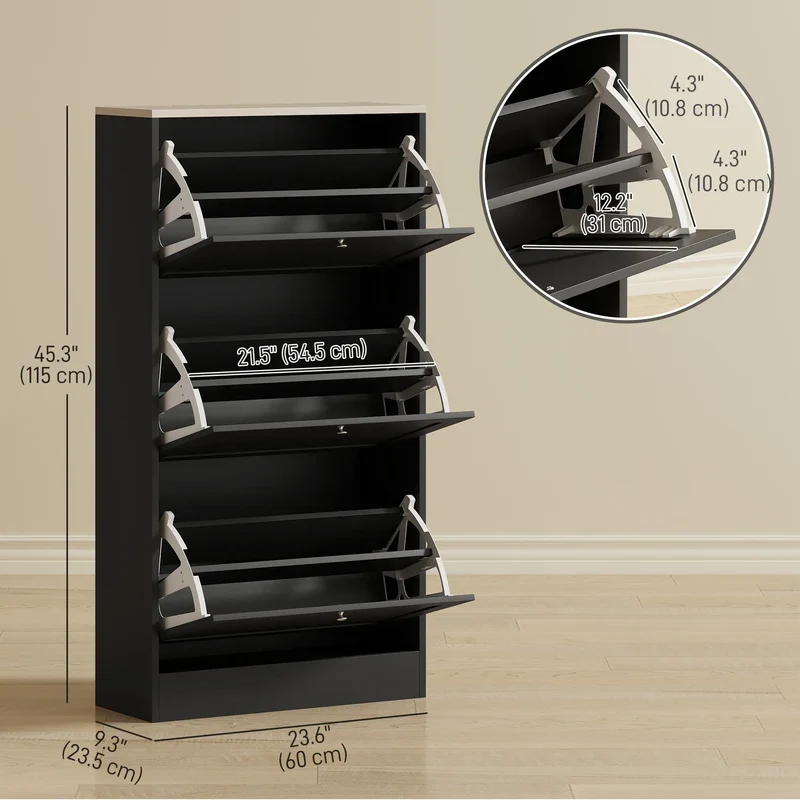 Modern Shoe Storage, 3 Flip Drawers, Adjustable Shelves, 18 Pairs, Black