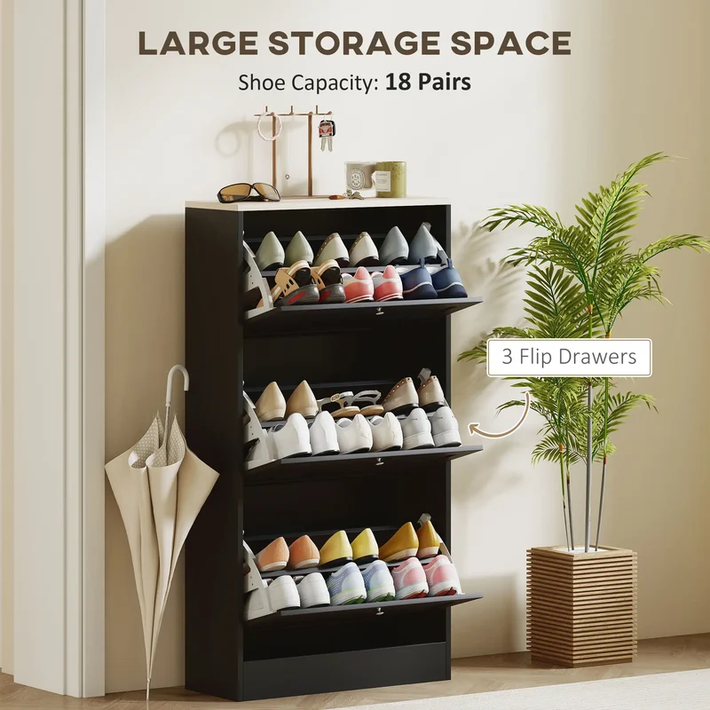 Modern Shoe Storage, 3 Flip Drawers, Adjustable Shelves, 18 Pairs, Black