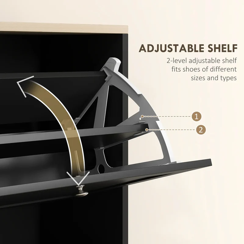 Modern Shoe Storage, 3 Flip Drawers, Adjustable Shelves, 18 Pairs, Black