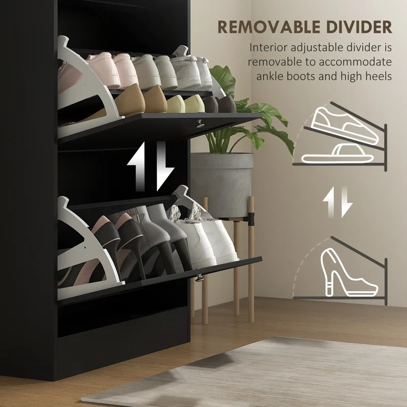 Modern Shoe Storage, 3 Flip Drawers, Adjustable Shelves, 18 Pairs, Black