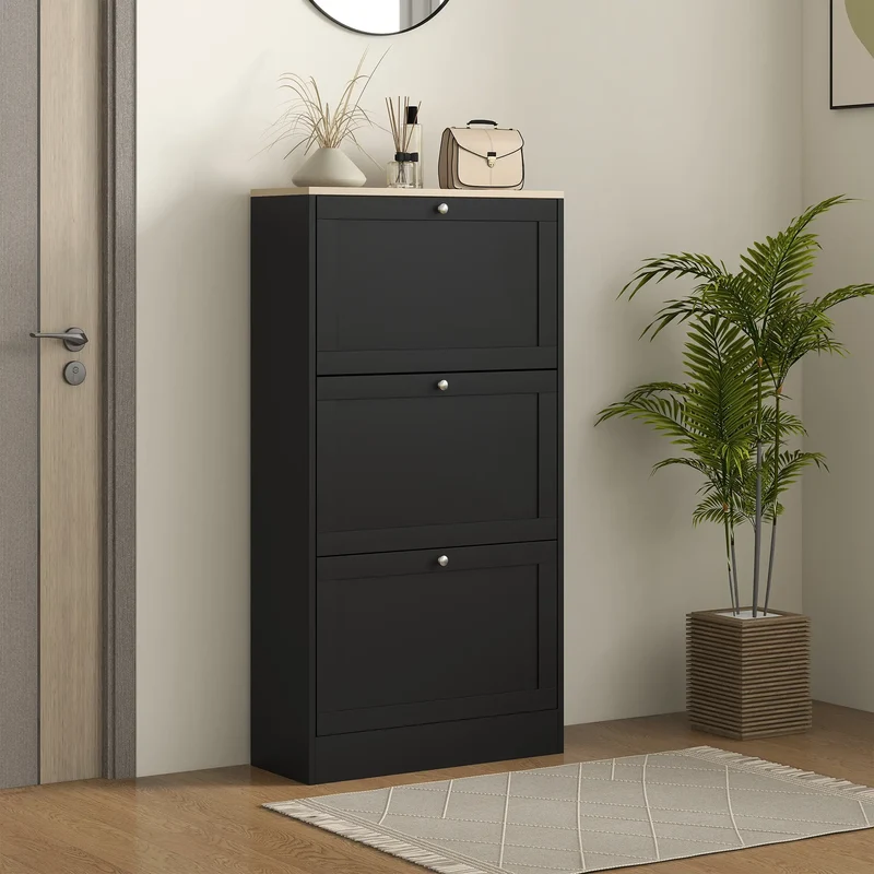 Modern Shoe Storage, 3 Flip Drawers, Adjustable Shelves, 18 Pairs, Black