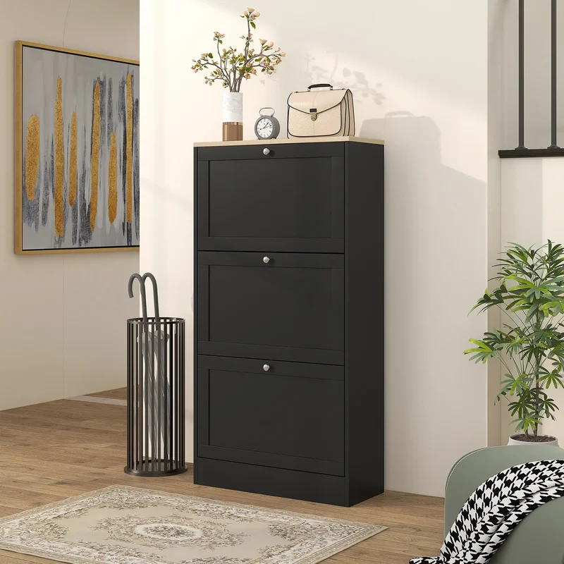 Modern Shoe Storage, 3 Flip Drawers, Adjustable Shelves, 18 Pairs, Black