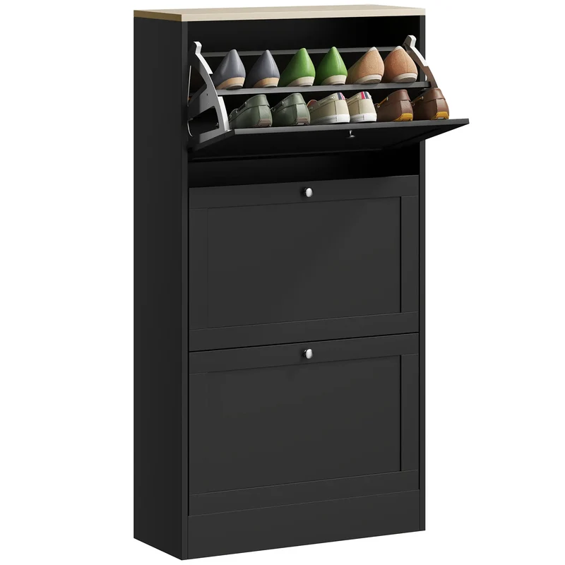 Modern Shoe Storage, 3 Flip Drawers, Adjustable Shelves, 18 Pairs, Black