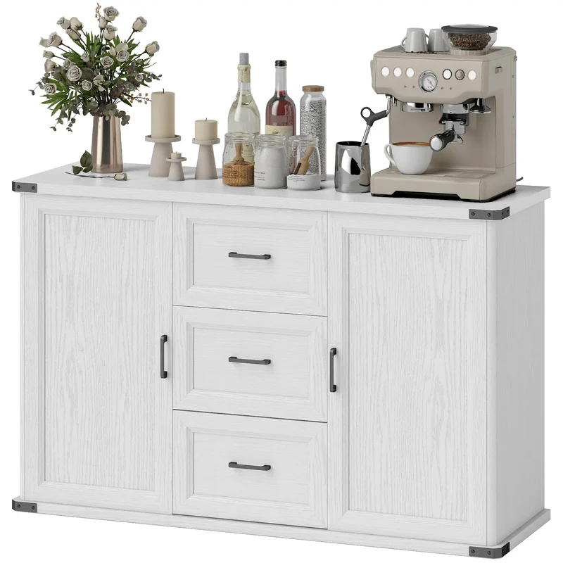 Sideboard With 3 Drawers, 2 Doors, 47" Buffet Cabinet, White Wood Grain, White