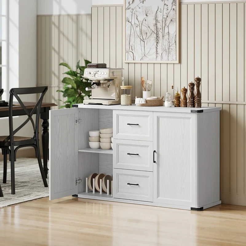 Sideboard With 3 Drawers, 2 Doors, 47" Buffet Cabinet, White Wood Grain, White