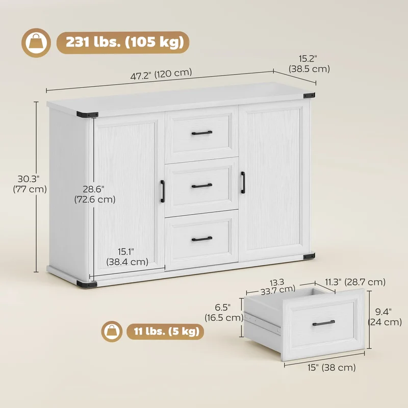 Sideboard With 3 Drawers, 2 Doors, 47" Buffet Cabinet, White Wood Grain, White