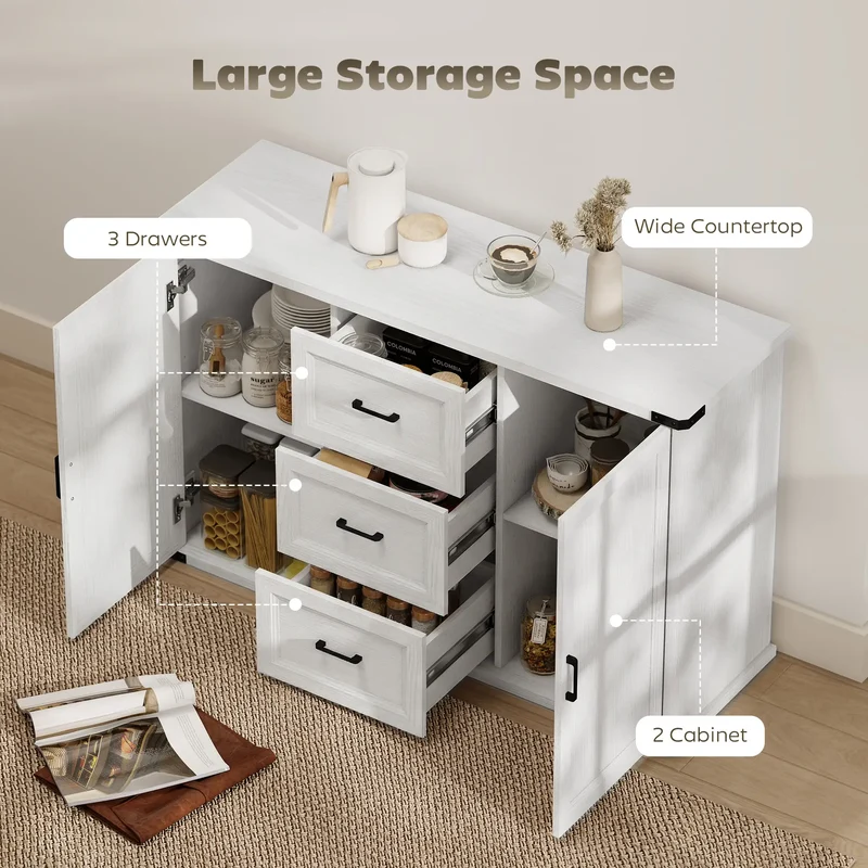 Sideboard With 3 Drawers, 2 Doors, 47" Buffet Cabinet, White Wood Grain, White