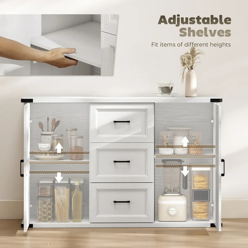 Sideboard With 3 Drawers, 2 Doors, 47" Buffet Cabinet, White Wood Grain, White