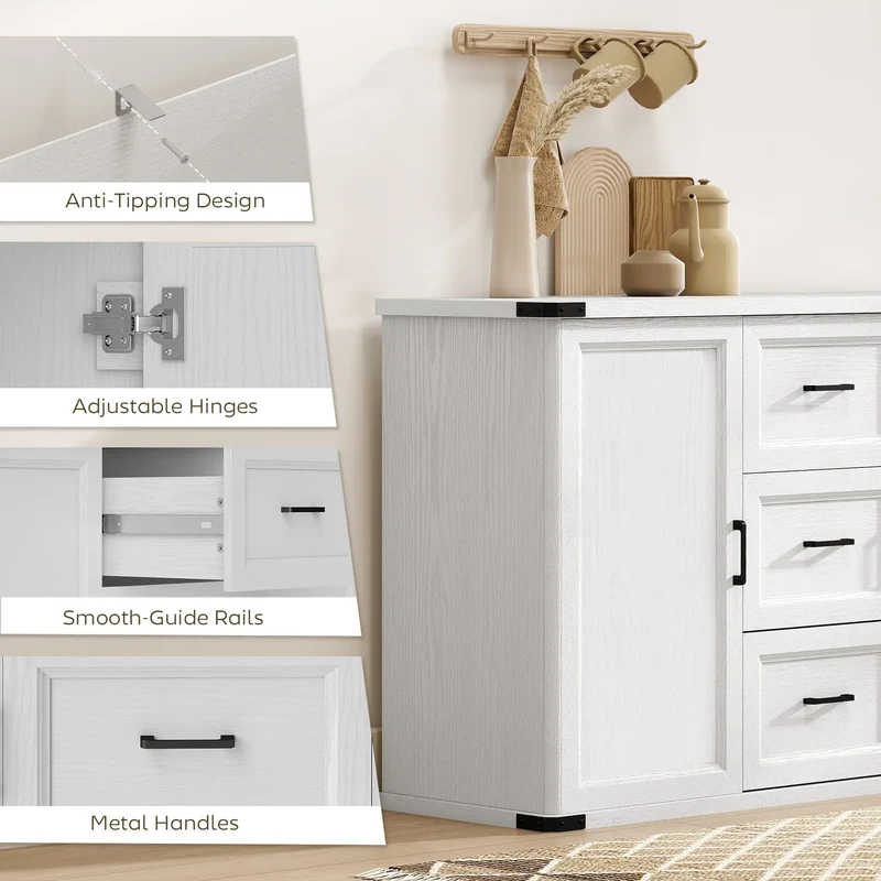 Sideboard With 3 Drawers, 2 Doors, 47" Buffet Cabinet, White Wood Grain, White
