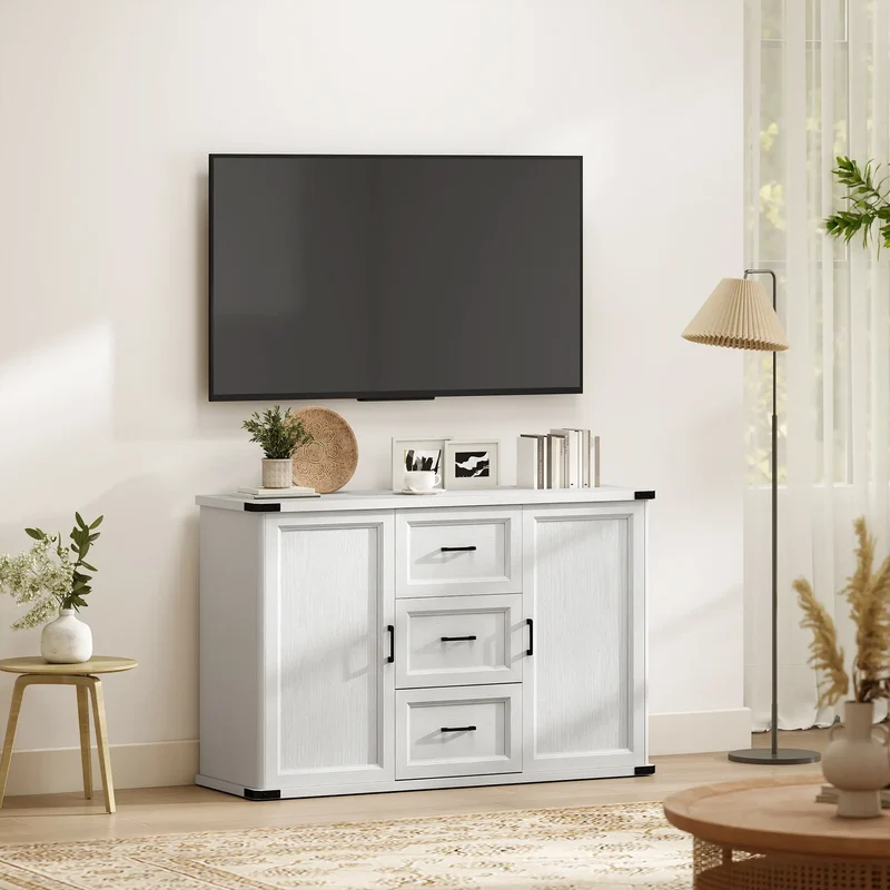 Sideboard With 3 Drawers, 2 Doors, 47" Buffet Cabinet, White Wood Grain, White