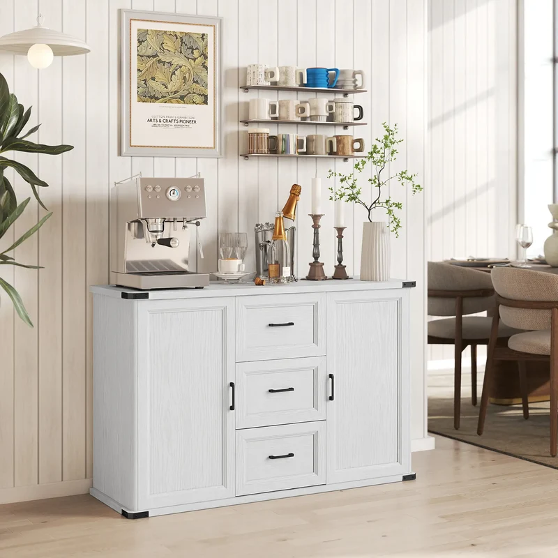 Sideboard With 3 Drawers, 2 Doors, 47" Buffet Cabinet, White Wood Grain, White