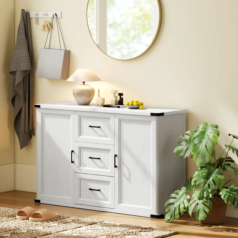Sideboard With 3 Drawers, 2 Doors, 47" Buffet Cabinet, White Wood Grain, White