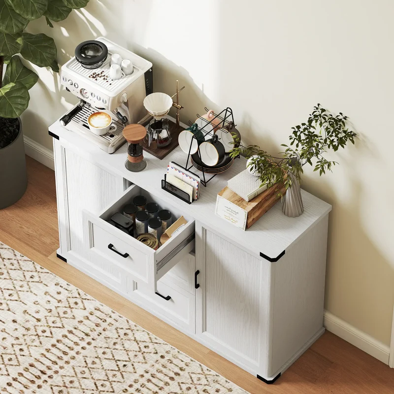 Sideboard With 3 Drawers, 2 Doors, 47" Buffet Cabinet, White Wood Grain, White