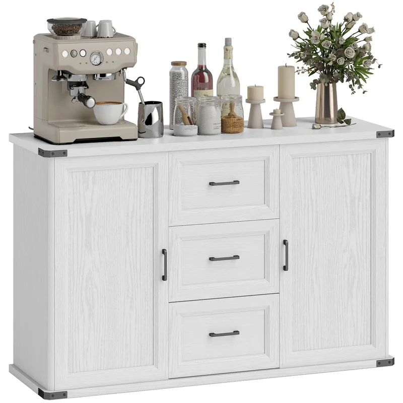 Sideboard With 3 Drawers, 2 Doors, 47" Buffet Cabinet, White Wood Grain, White