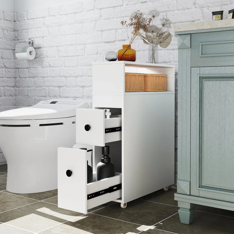 Slim Wooden Bathroom Cabinet, Deep Slide Out Drawers, White