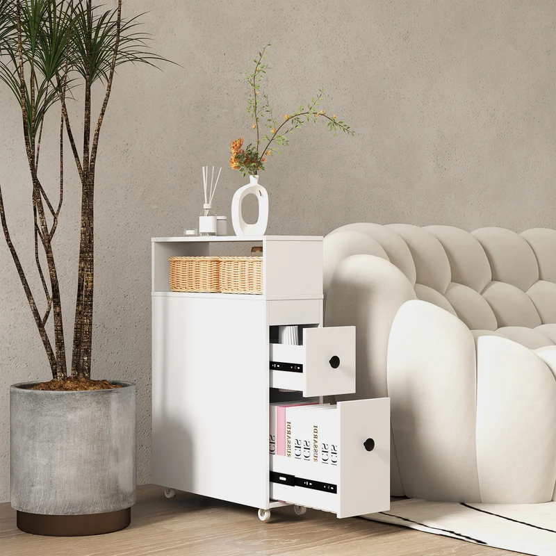 Slim Wooden Bathroom Cabinet, Deep Slide Out Drawers, White