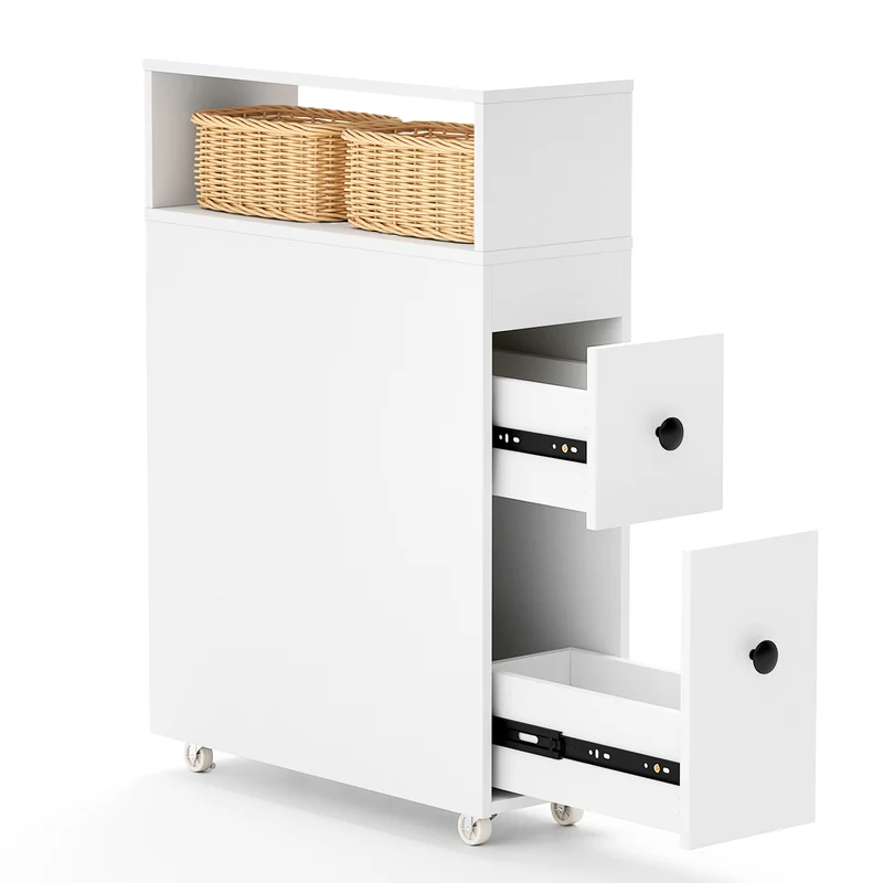Slim Wooden Bathroom Cabinet, Deep Slide Out Drawers, White