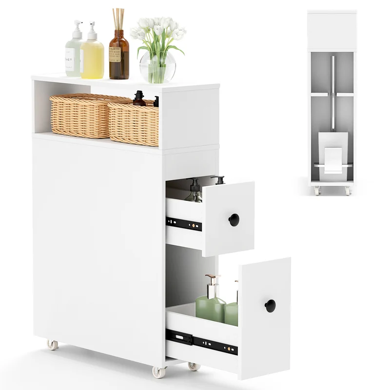 Slim Wooden Bathroom Cabinet, Deep Slide Out Drawers, White