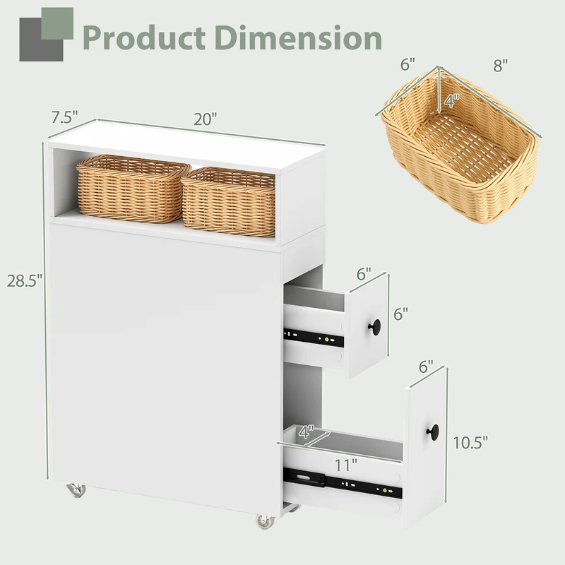 Slim Wooden Bathroom Cabinet, Deep Slide Out Drawers, White