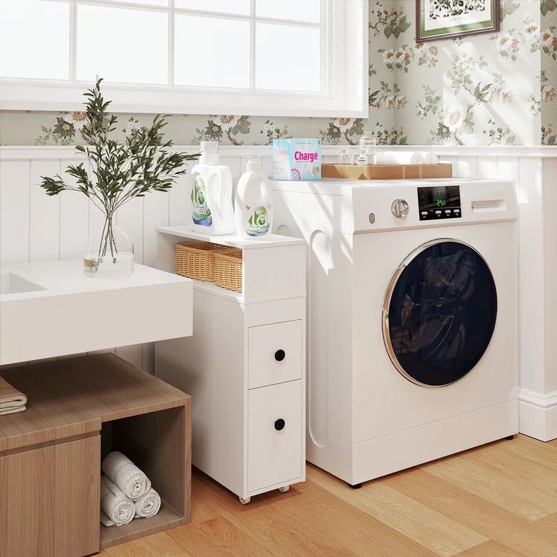Slim Wooden Bathroom Cabinet, Deep Slide Out Drawers, White
