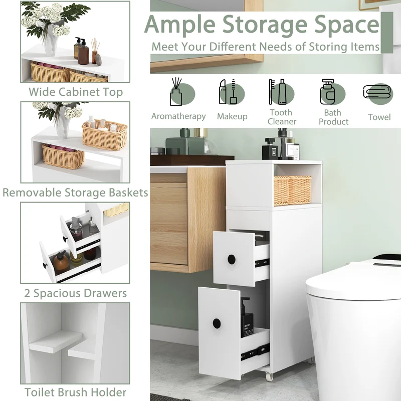 Slim Wooden Bathroom Cabinet, Deep Slide Out Drawers, White