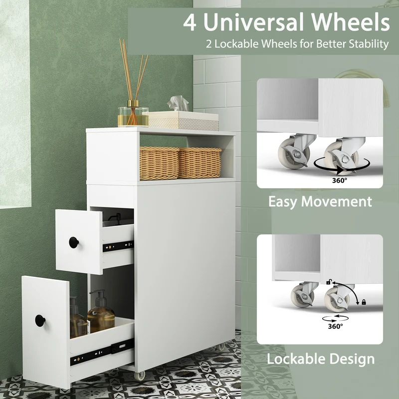 Slim Wooden Bathroom Cabinet, Deep Slide Out Drawers, White