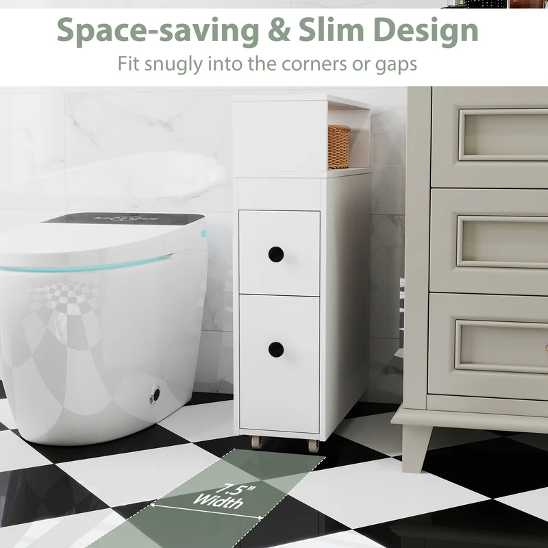 Slim Wooden Bathroom Cabinet, Deep Slide Out Drawers, White