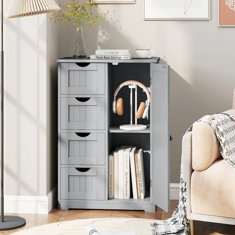 Wooden Cabinet With 4 Drawers, Gray