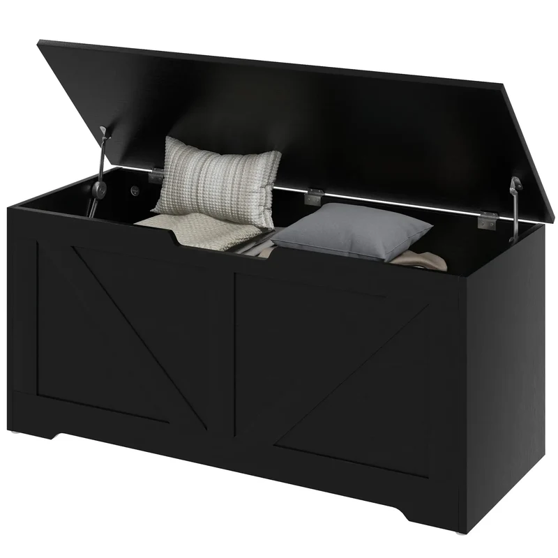 39.4 Inches Storage Chest, Wooden Box with Safety Hinges, Wood Grain, Black