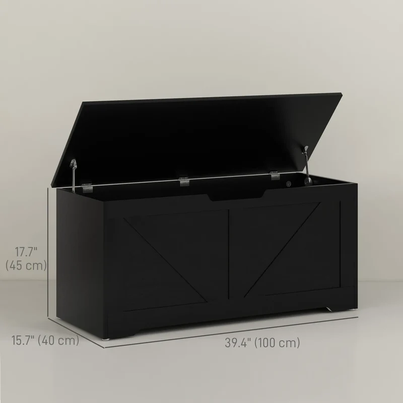 39.4 Inches Storage Chest, Wooden Box with Safety Hinges, Wood Grain, Black