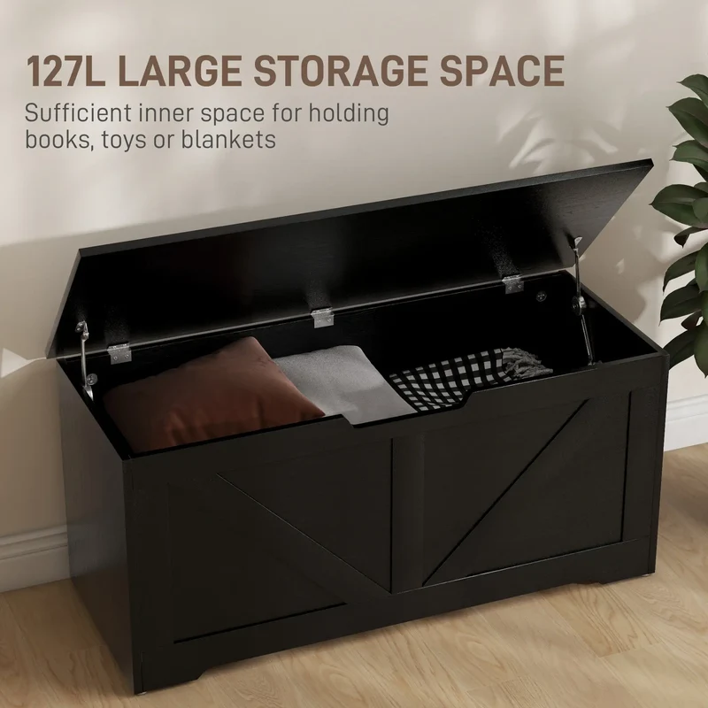 39.4 Inches Storage Chest, Wooden Box with Safety Hinges, Wood Grain, Black