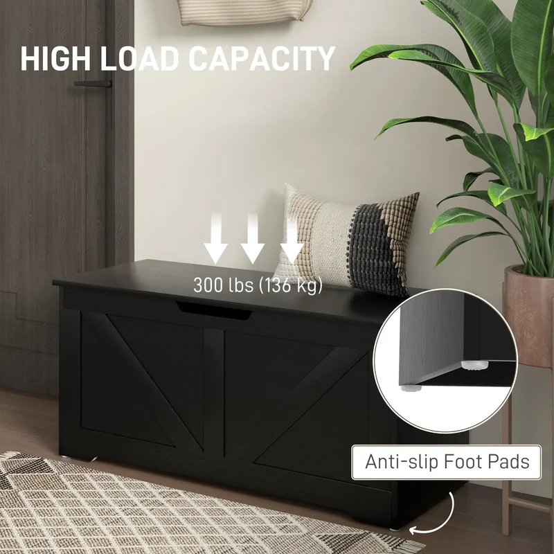 39.4 Inches Storage Chest, Wooden Box with Safety Hinges, Wood Grain, Black