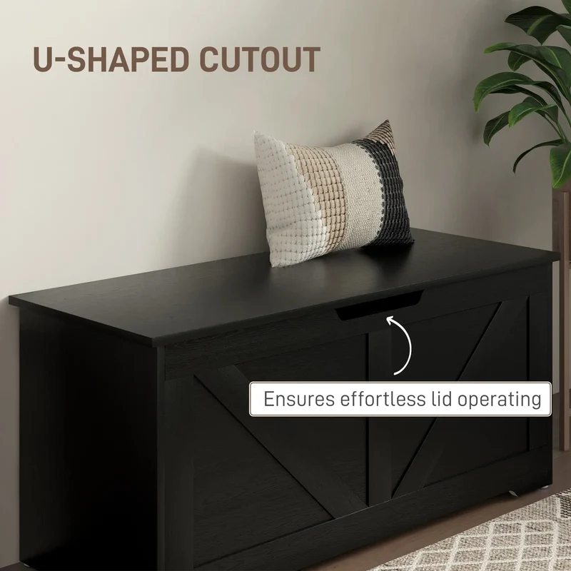 39.4 Inches Storage Chest, Wooden Box with Safety Hinges, Wood Grain, Black