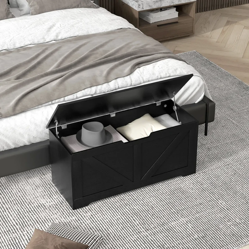 39.4 Inches Storage Chest, Wooden Box with Safety Hinges, Wood Grain, Black