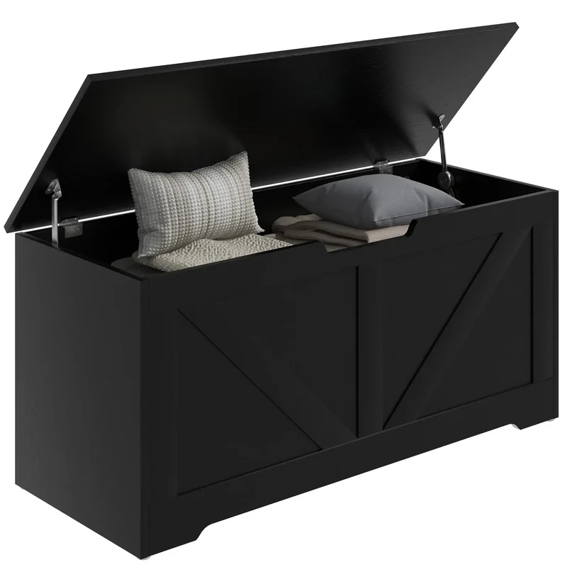 39.4 Inches Storage Chest, Wooden Box with Safety Hinges, Wood Grain, Black