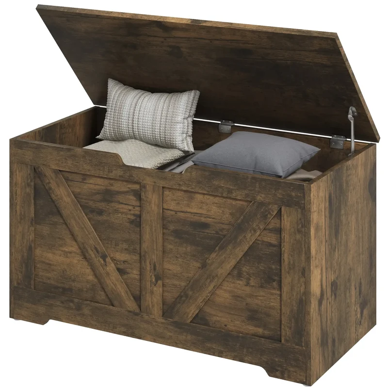 31.5 Inches Wooden Storage Chest, 2 Safety Hinges, Brown Wood Grain