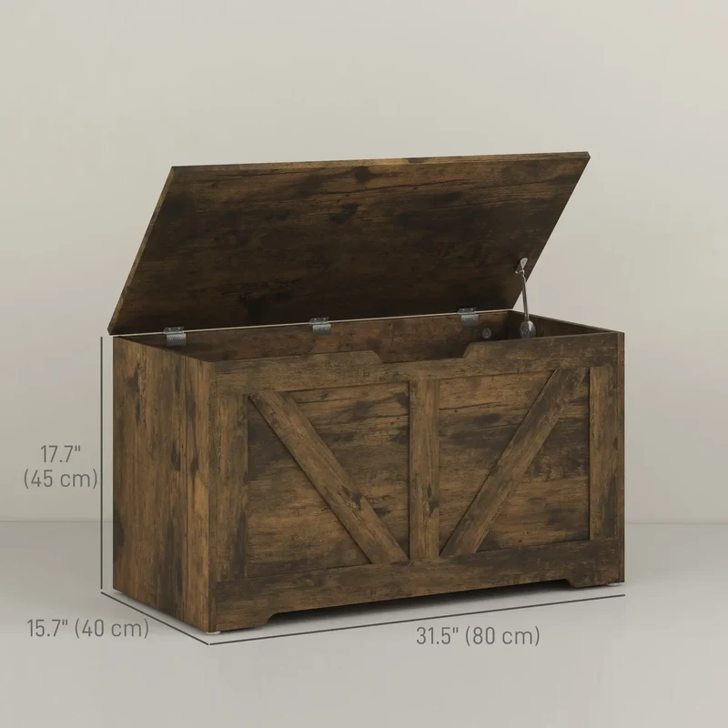 31.5 Inches Wooden Storage Chest, 2 Safety Hinges, Brown Wood Grain