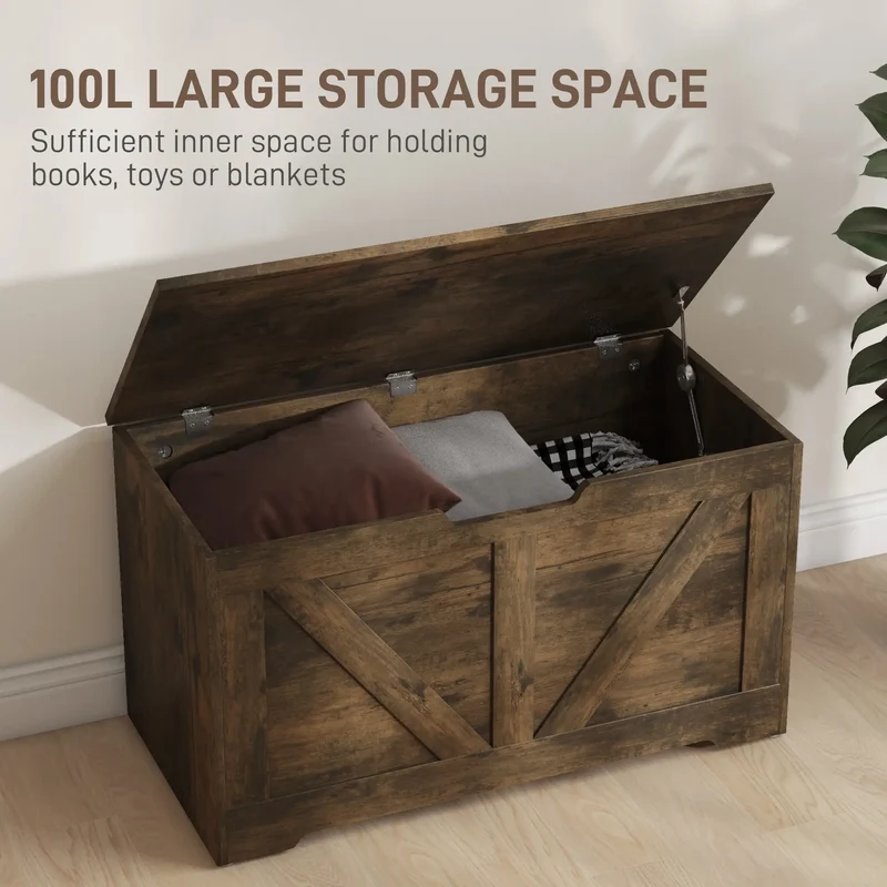 31.5 Inches Wooden Storage Chest, 2 Safety Hinges, Brown Wood Grain