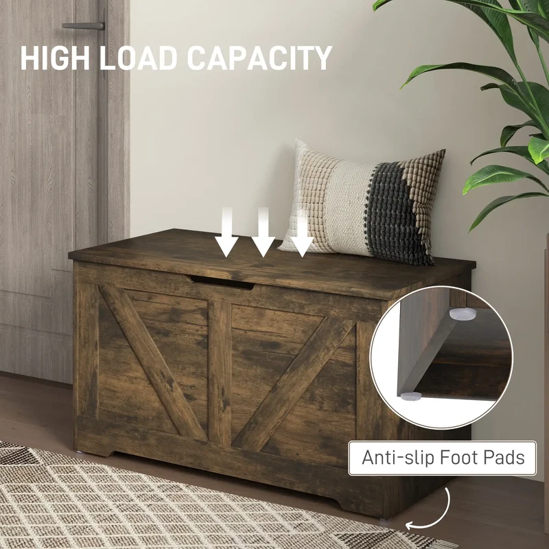 31.5 Inches Wooden Storage Chest, 2 Safety Hinges, Brown Wood Grain