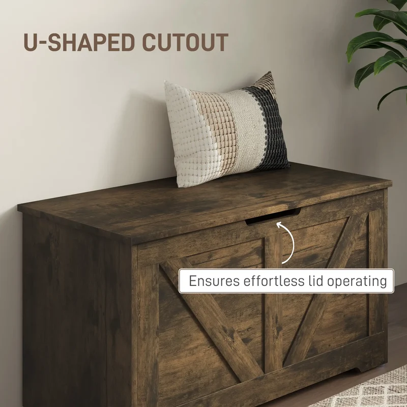 31.5 Inches Wooden Storage Chest, 2 Safety Hinges, Brown Wood Grain