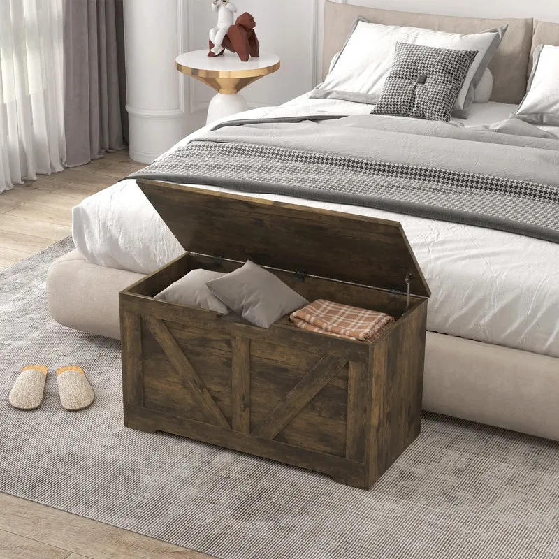 31.5 Inches Wooden Storage Chest, 2 Safety Hinges, Brown Wood Grain