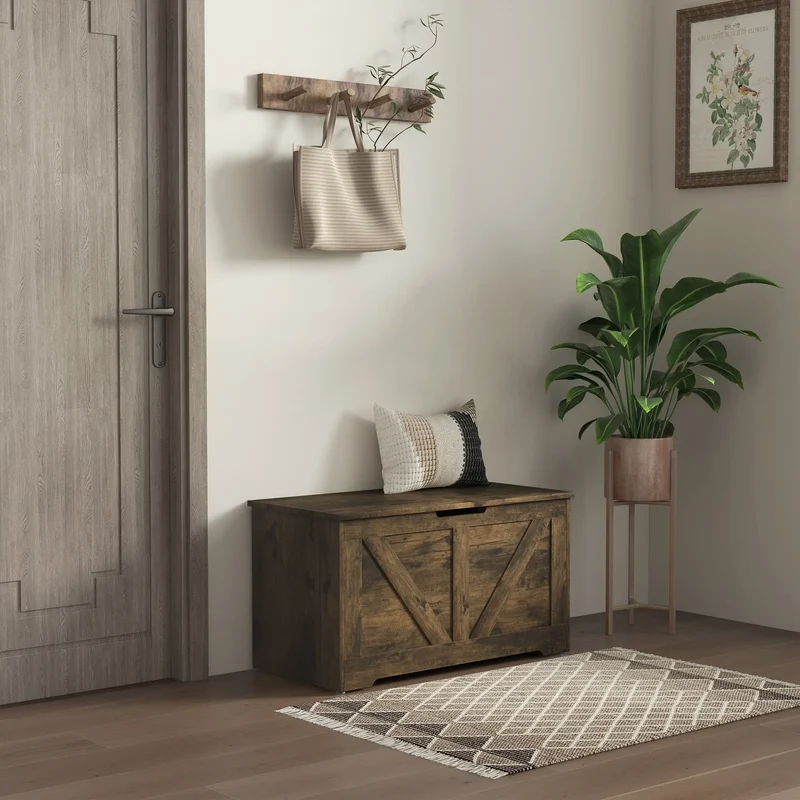 31.5 Inches Wooden Storage Chest, 2 Safety Hinges, Brown Wood Grain