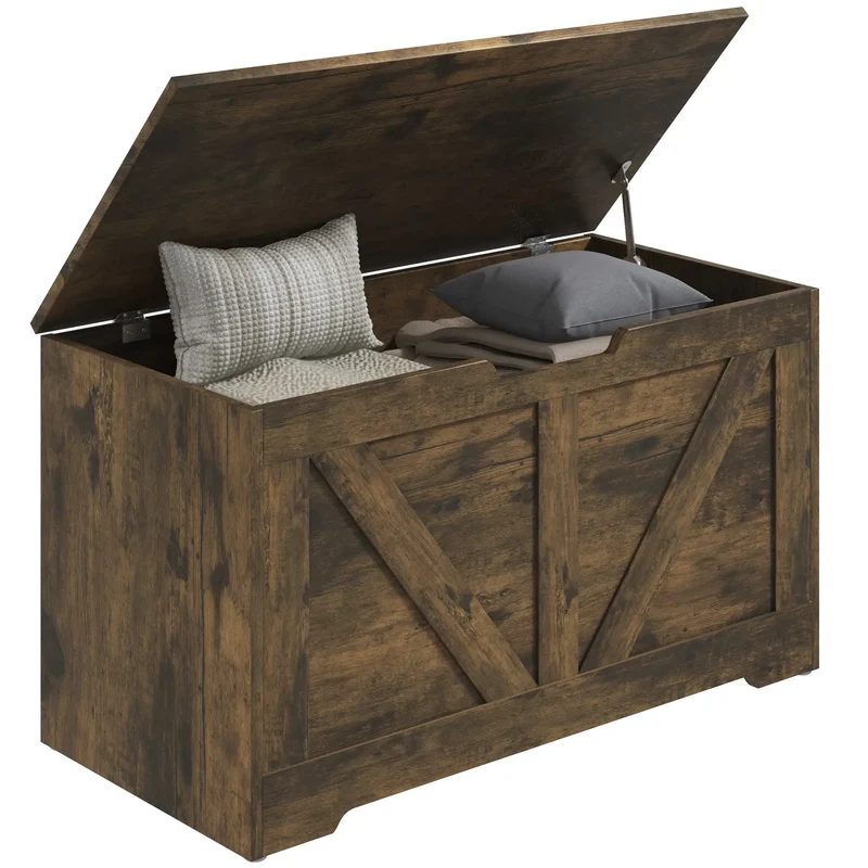 31.5 Inches Wooden Storage Chest, 2 Safety Hinges, Brown Wood Grain